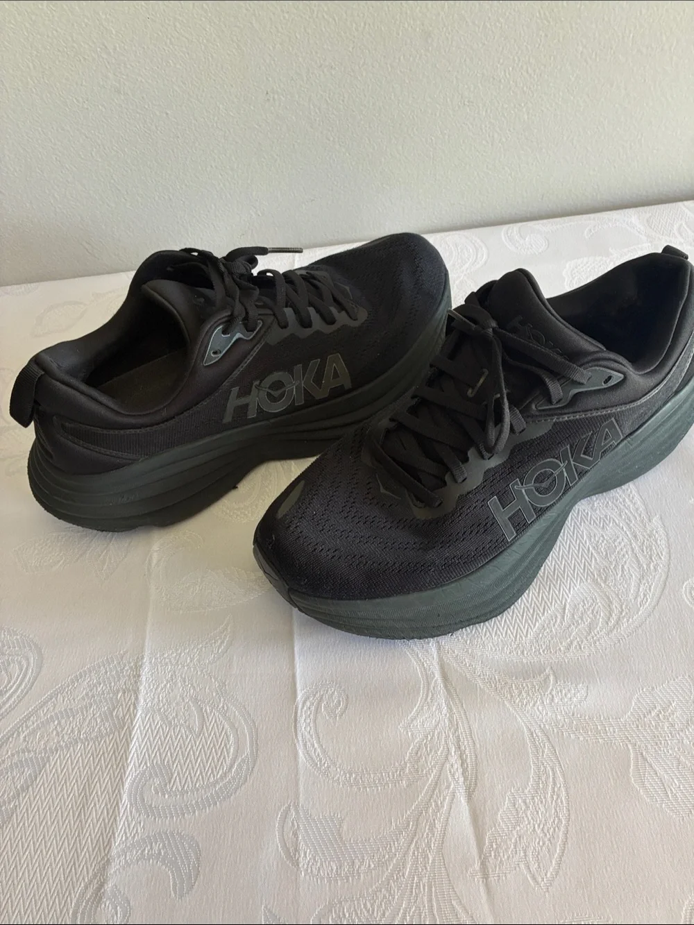 Hoka Black Monochrome Platform Trainers left heel inside has a tear